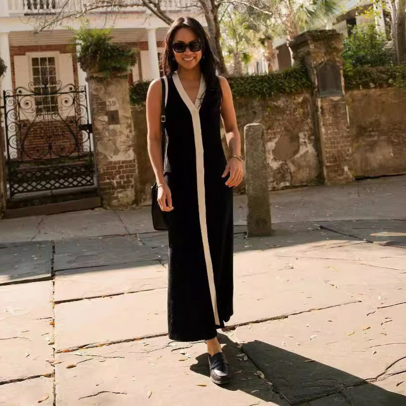 Ginevra | Women's Asymmetric V-Neck Elegant Modern Maxi Dress in Black