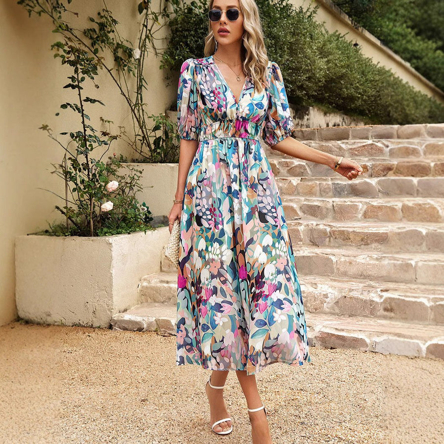 Giordana | Women's Floral Print Puff Sleeve Elegant Maxi Dress