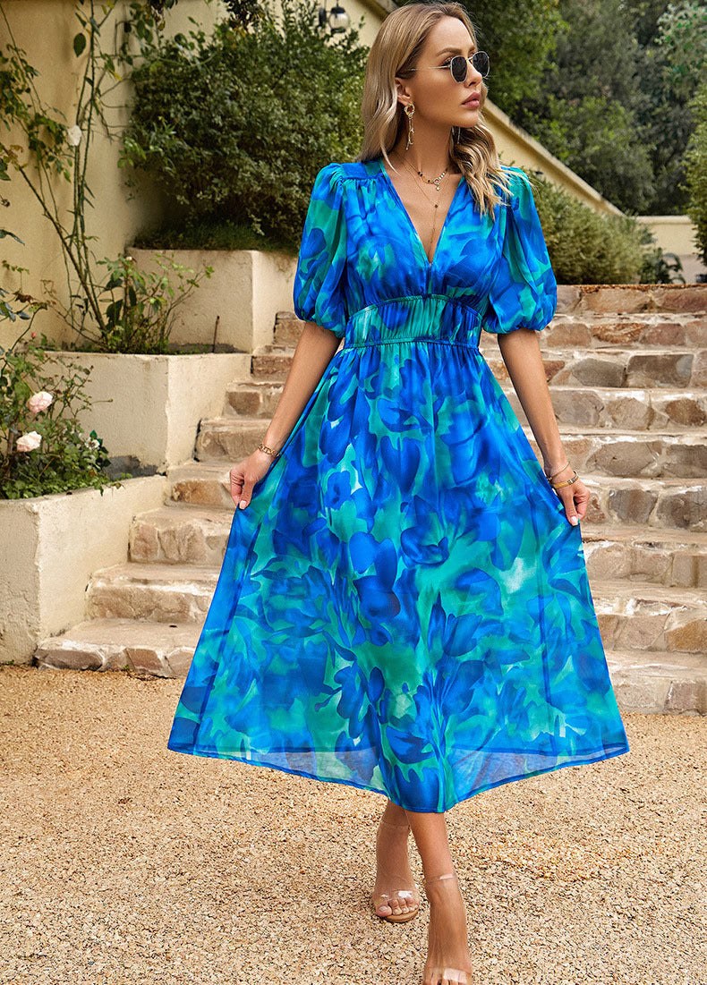 Giordana | Women's Floral Print Puff Sleeve Elegant Maxi Dress in Blue