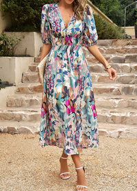 Giordana | Women's Floral Print Puff Sleeve Elegant Maxi Dress in Green