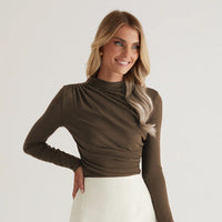 Giovannina | Women's Wrap Long Sleeve Elegant Top in Coffee