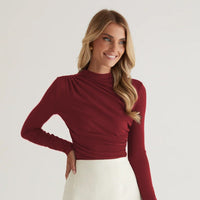 Giovannina | Women's Wrap Long Sleeve Elegant Top in Wine Red