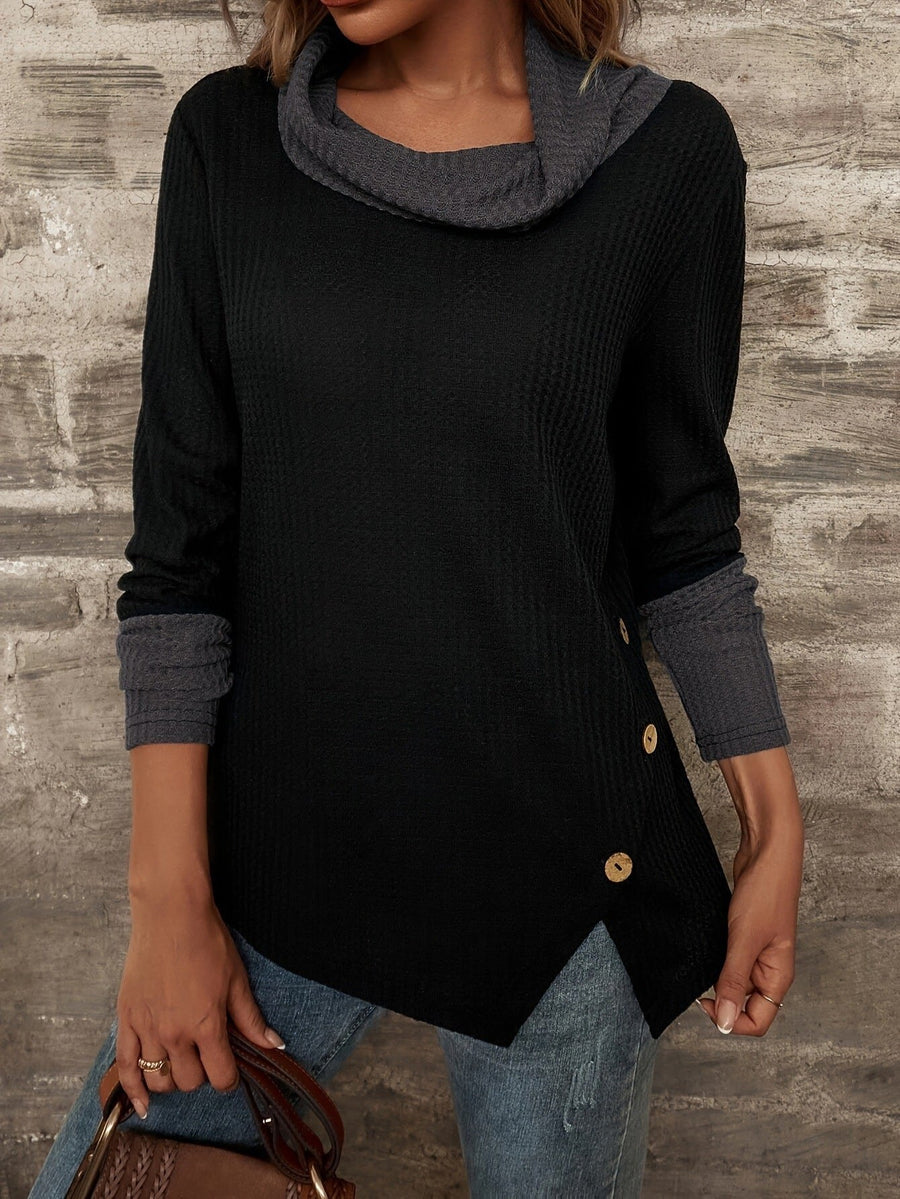 Girolama | Women's Button Detail Long Sleeve Fashionable Top in Black