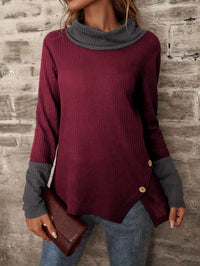 Girolama | Women's Button Detail Long Sleeve Fashionable Top in Dark Red