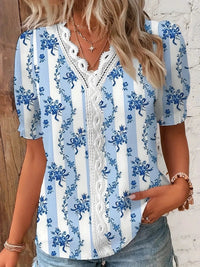 Giselle | Women's Lace V-Neck Printed Blouse in Blue