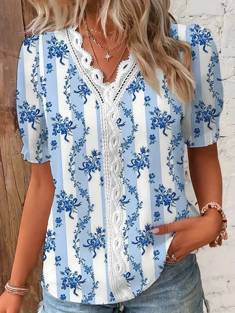 Giselle | Women's Lace V-Neck Printed Blouse in Blue