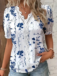 Giselle | Women's Lace V-Neck Printed Blouse in Dark Blue