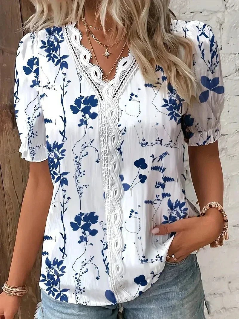 Giselle | Women's Lace V-Neck Printed Blouse in Dark Blue