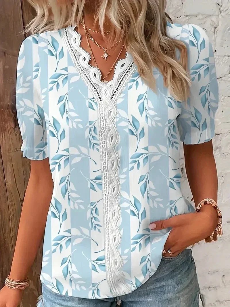 Giselle | Women's Lace V-Neck Printed Blouse in Light Blue