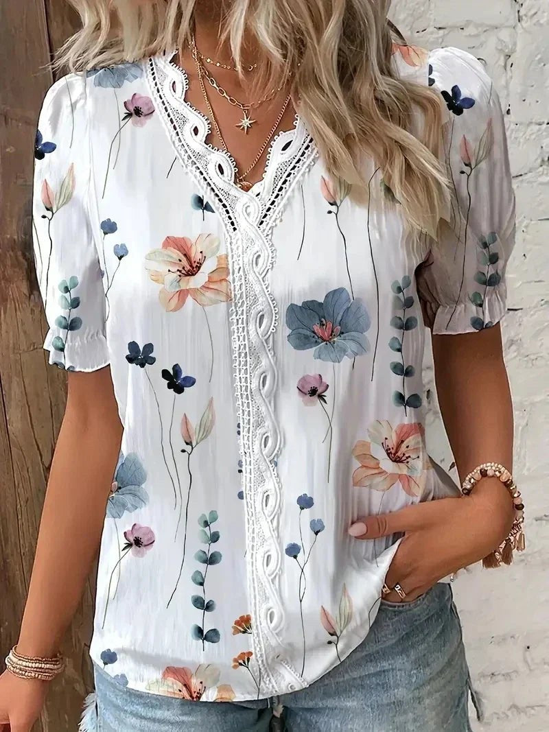 Giselle | Women's Lace V-Neck Printed Blouse in White