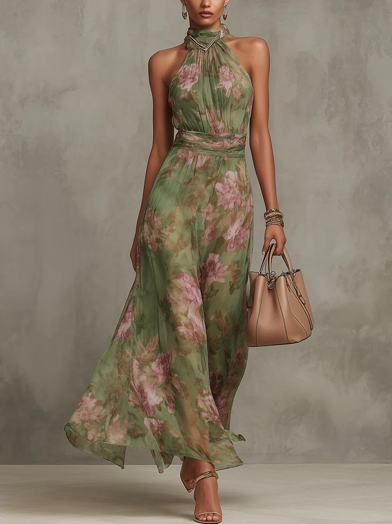 Giuliana | Women's Halter Green Maxi Dress in Green