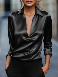 Glenda | Women's Long Sleeve Collared V-Neck Blouse in Black