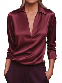 Glenda | Women's Long Sleeve Collared V-Neck Blouse in Burgundy