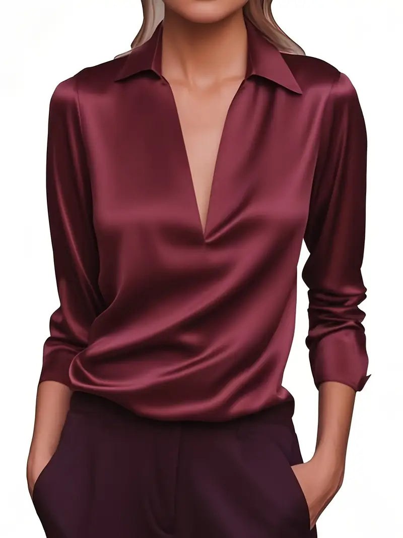 Glenda | Women's Long Sleeve Collared V-Neck Blouse in Burgundy