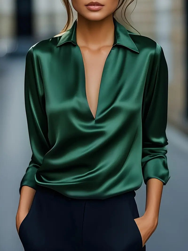 Glenda | Women's Long Sleeve Collared V-Neck Blouse in Dark Green