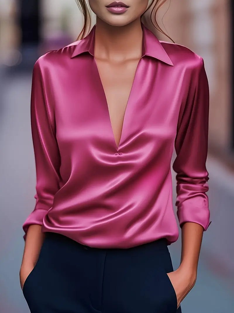 Glenda | Women's Long Sleeve Collared V-Neck Blouse in Dark Pink