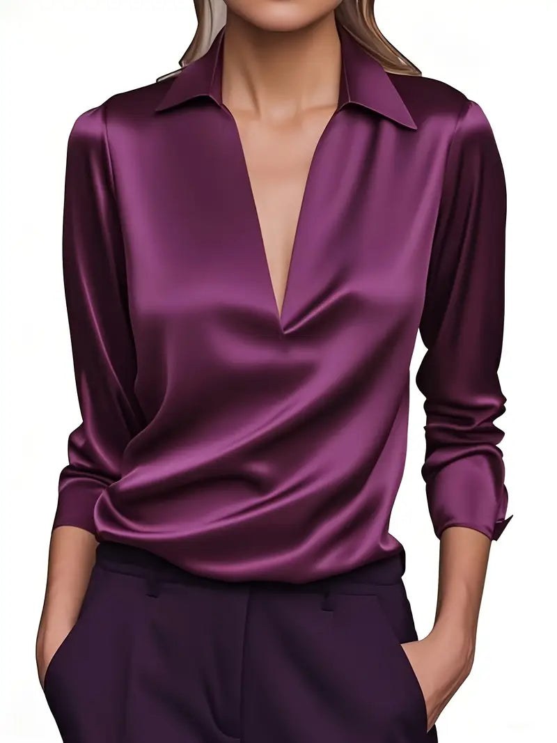 Glenda | Women's Long Sleeve Collared V-Neck Blouse in Dark Purple