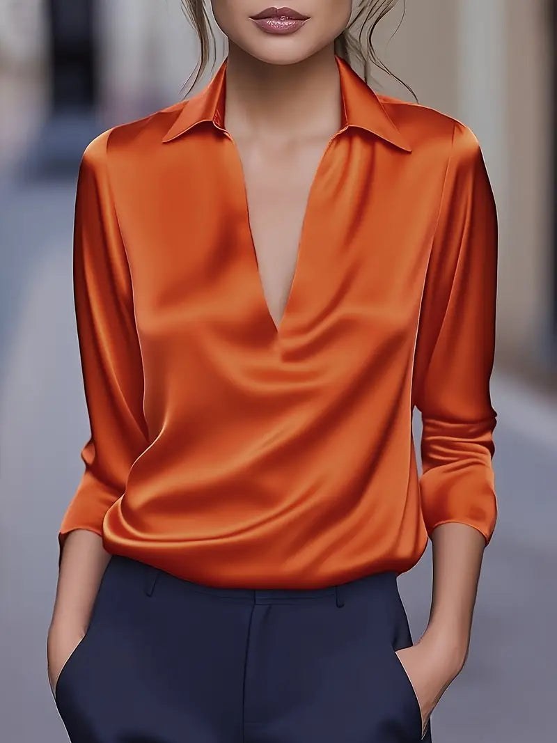 Glenda | Women's Long Sleeve Collared V-Neck Blouse in Orange