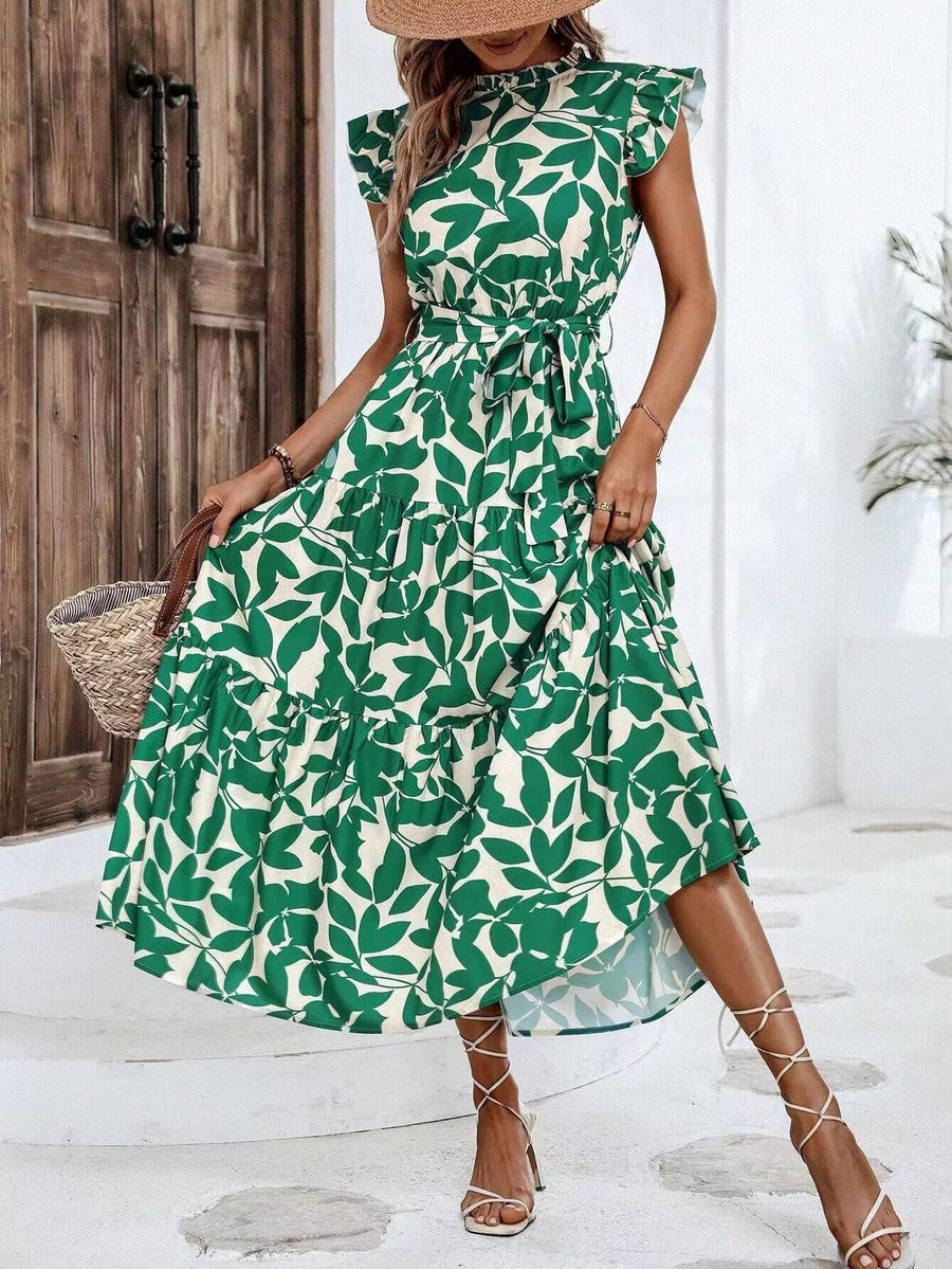 Gloria | Women's Ruffle Detail Floral Maxi Dress in Green