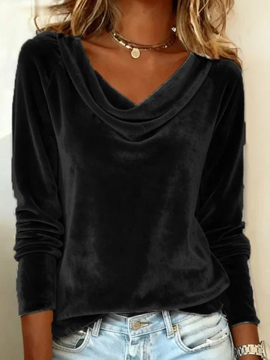 Gloria | Women's Long Sleeve Drape Neck Blouse in Black