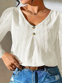 Godeleine | Women's V-Neck Textured Long Sleeve Fashionable Top in White