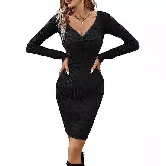 Golda | Women's Textured V-Neck Elegant Midi Dress