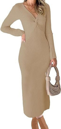 Golda | Women's Textured V-Neck Elegant Midi Dress in Khaki