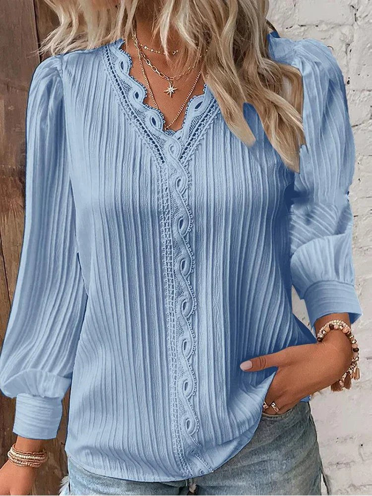 Golda | Women's Long Sleeve with Lace Details Blouse in Light Blue