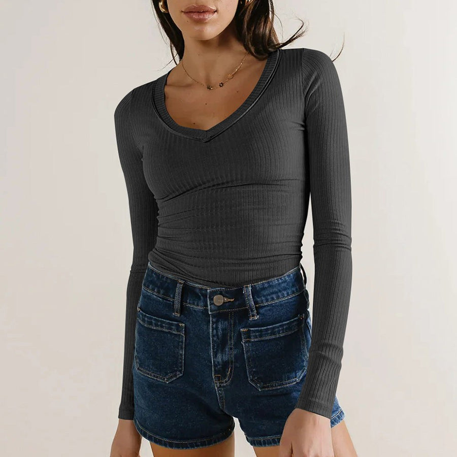 Goldwyn | Women's V-Neck Long Sleeve Top in Dark Gray
