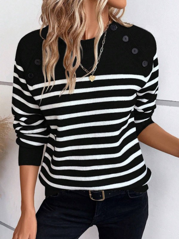 Gracie | Women's Crew Neck Button Detail Sweater in Black