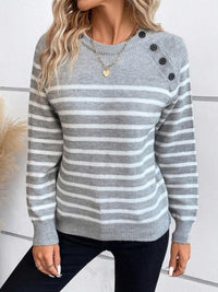 Gracie | Women's Crew Neck Button Detail Sweater in Gray