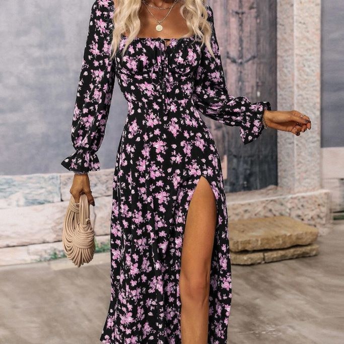 Greta | Women's Puff Sleeve Slit Maxi Dress