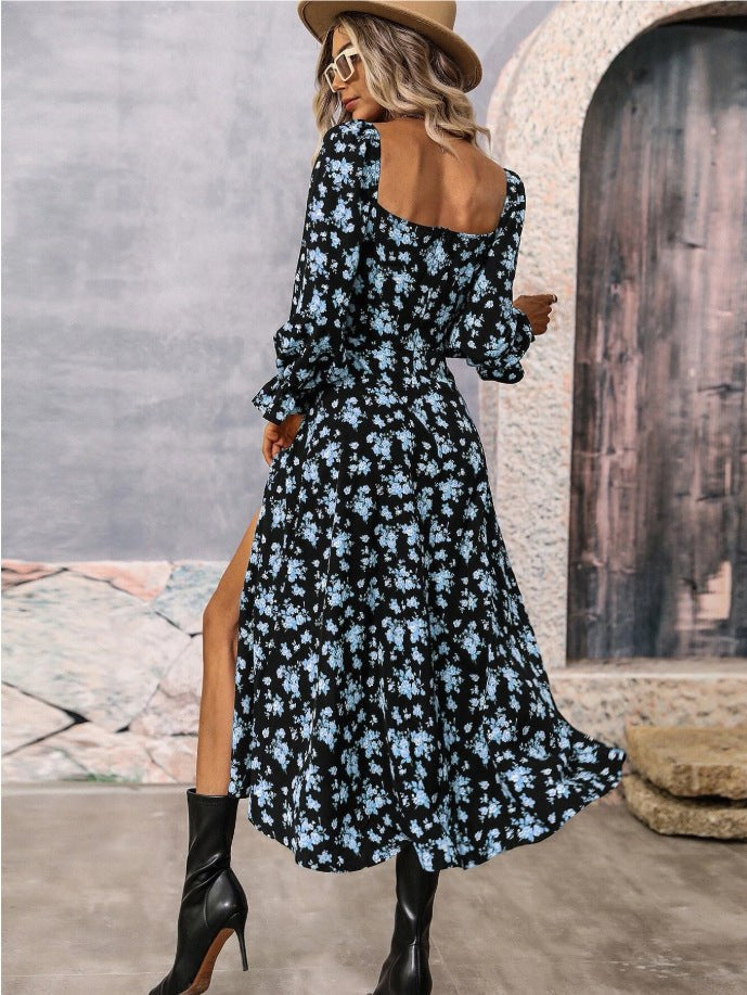 Greta | Women's Puff Sleeve Slit Maxi Dress in Blue