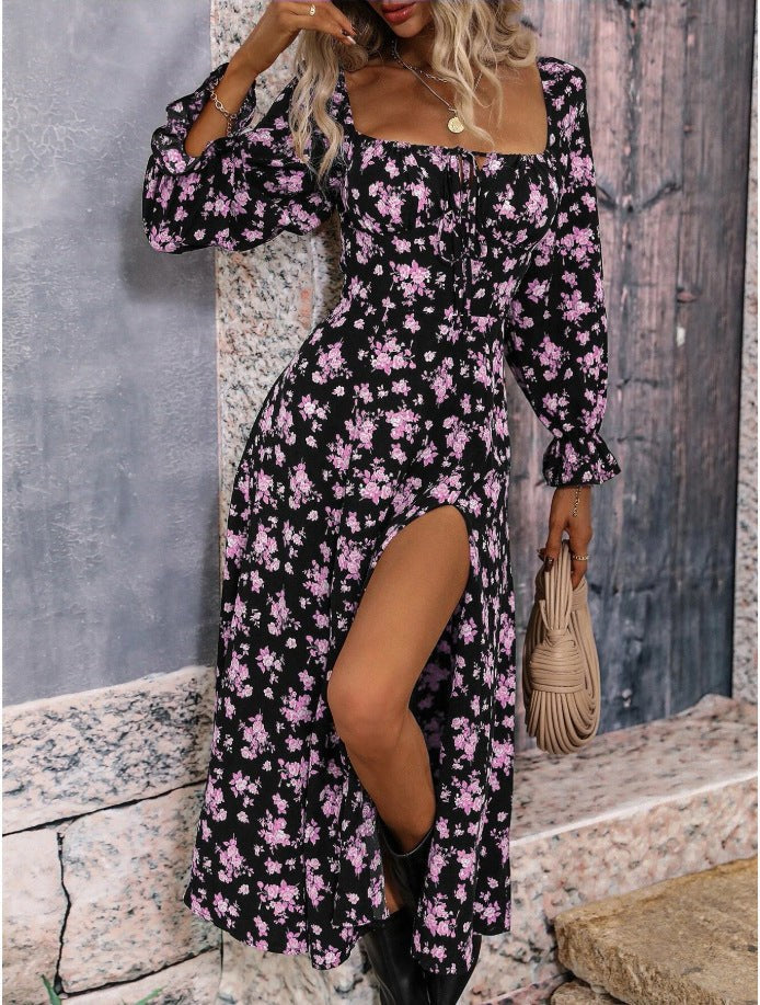 Greta | Women's Puff Sleeve Slit Maxi Dress in Purple