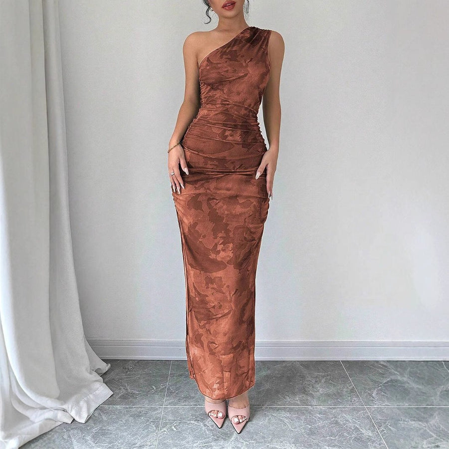 Greta | Women's Ruched Elegant Maxi Dress in Light Brown
