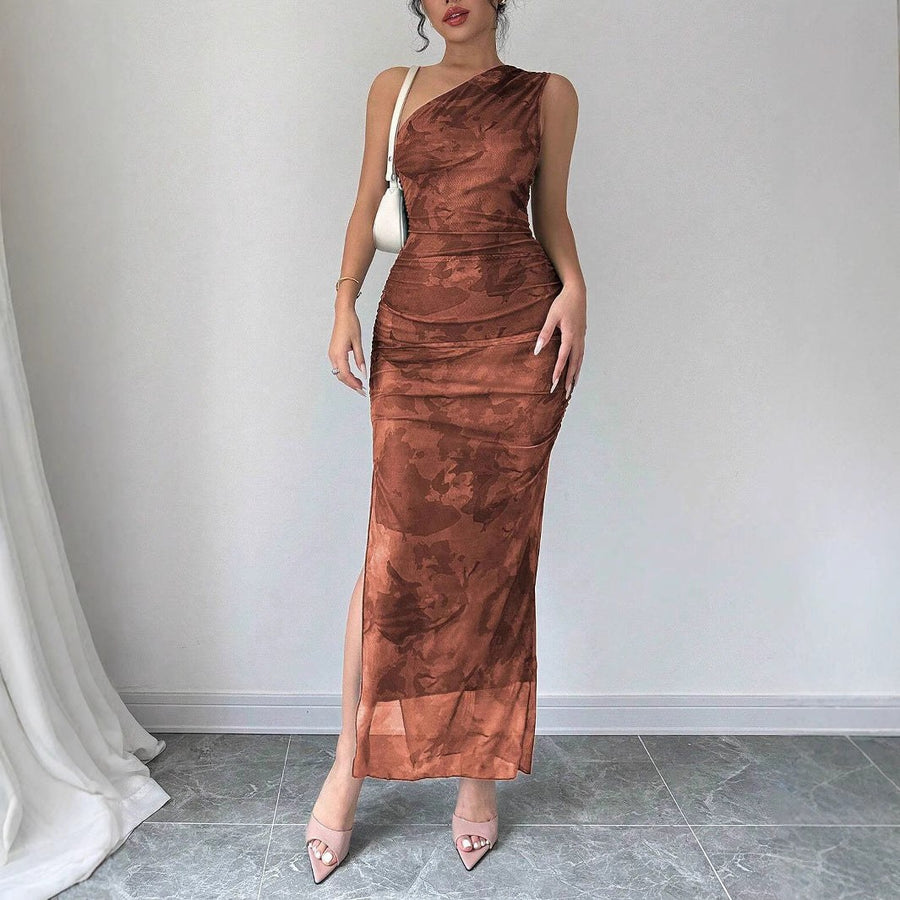 Greta | Women's Ruched Elegant Maxi Dress in Light Brown