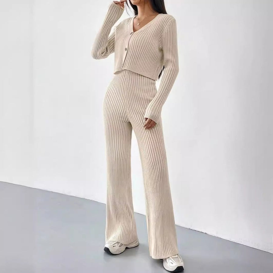 Griselda | Women's Button Detail V-Neck Knit Elegant Two-Piece Set
