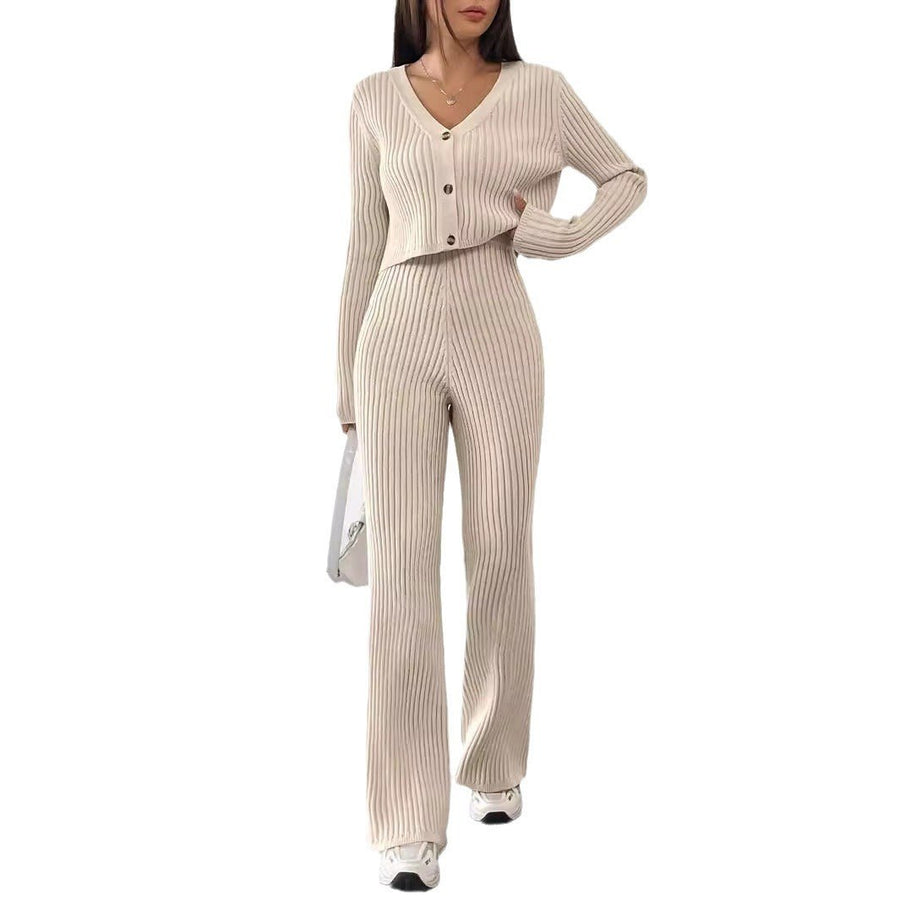 Griselda | Women's Button Detail V-Neck Knit Elegant Two-Piece Set