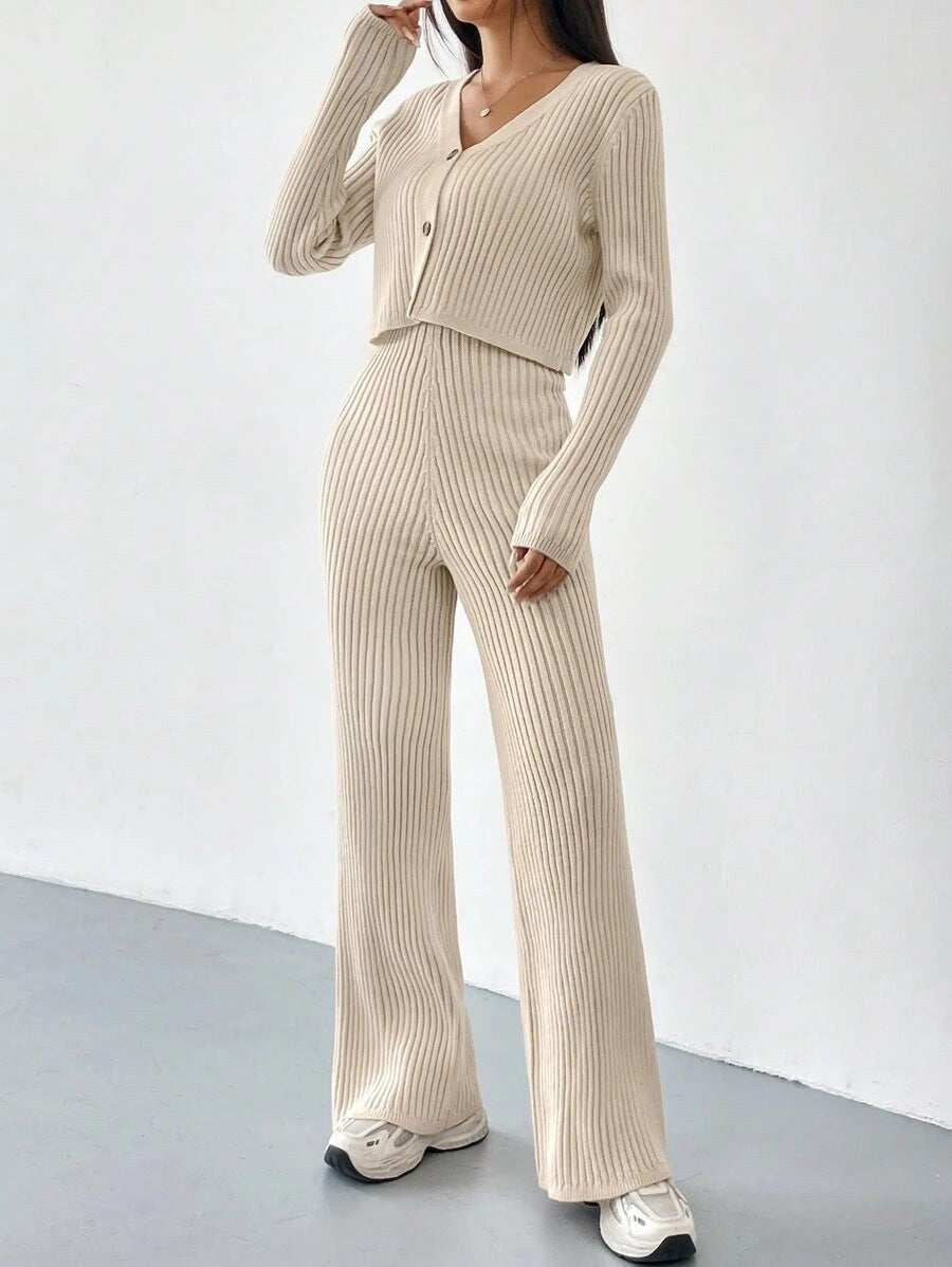 Griselda | Women's Button Detail V-Neck Knit Elegant Two-Piece Set in Apricot