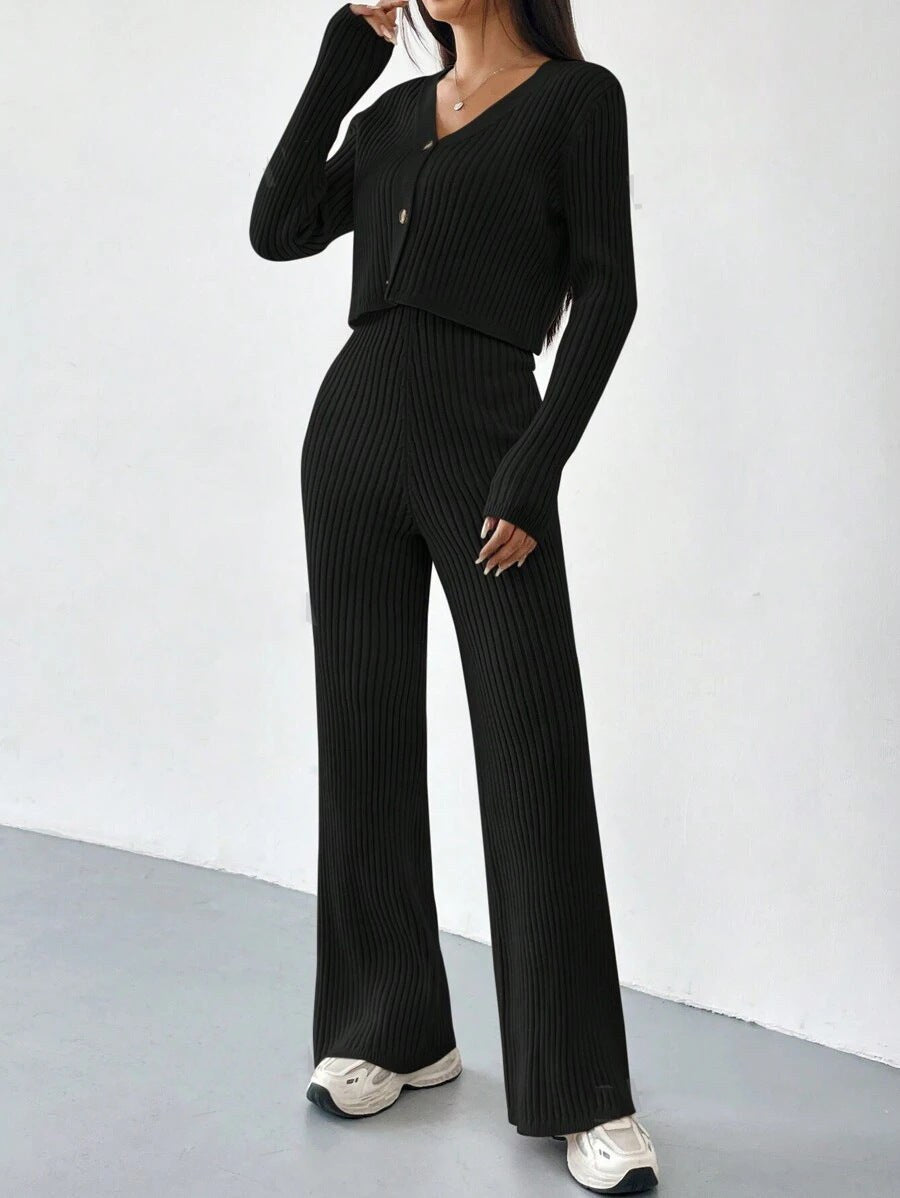 Griselda | Women's Button Detail V-Neck Knit Elegant Two-Piece Set in Black