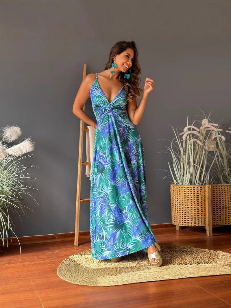 Gudrun | Women's V-Neck Maxi Dress in Blue