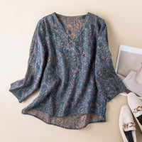 Gudrun | Women's Patterned V-Neck Blouse in Blue