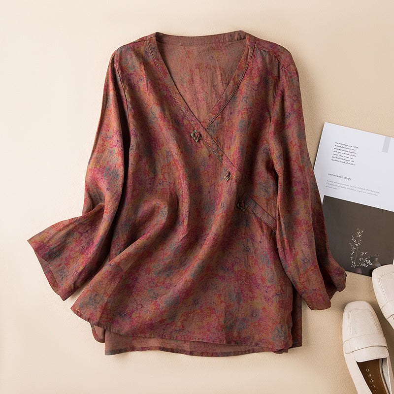 Gudrun | Women's Patterned V-Neck Blouse in Brown