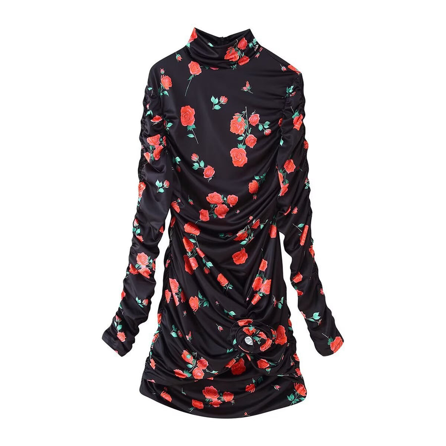 Guinevere | Women's Stand Collar Ruffle Floral Elegant Shirt in Black