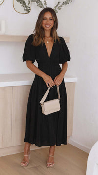 Guinevere | Women's V-Neck Maxi Dress in Black