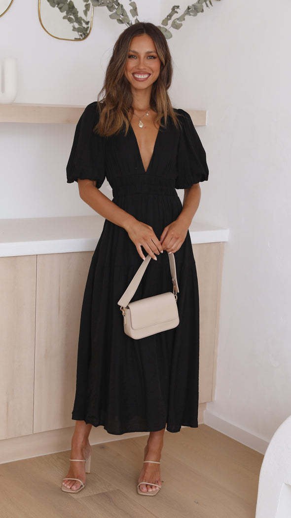 Guinevere | Women's V-Neck Maxi Dress in Black
