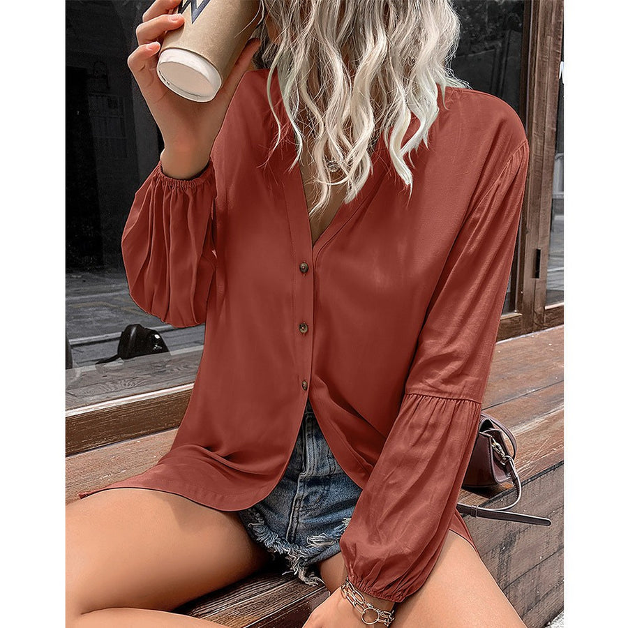 Gunhilde | Women's V-Neck Blouse in Brick Red
