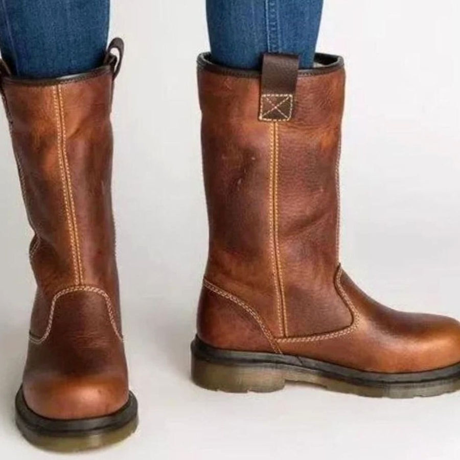 Gwen | Women's Fleece-Lined Leather Winter Boots Slip-On Ankle in Brown