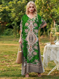 Gwenaelle | Women's V-Neck Floral Elegant Maxi Dress in Green