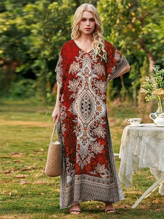 Gwenaelle | Women's V-Neck Floral Elegant Maxi Dress in Red
